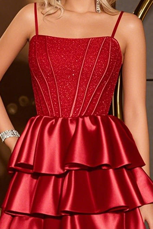 Corset Dark Red Satin A Line Tiered Short Homecoming Dress