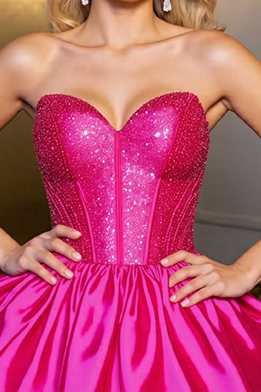 Sparkly Fuchsia Satin Sweetheart Short Corset Homecoming Dress