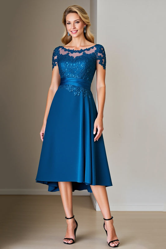 Peacock Blue A Line Satin Midi Mother of the Bride Dress with Appliques