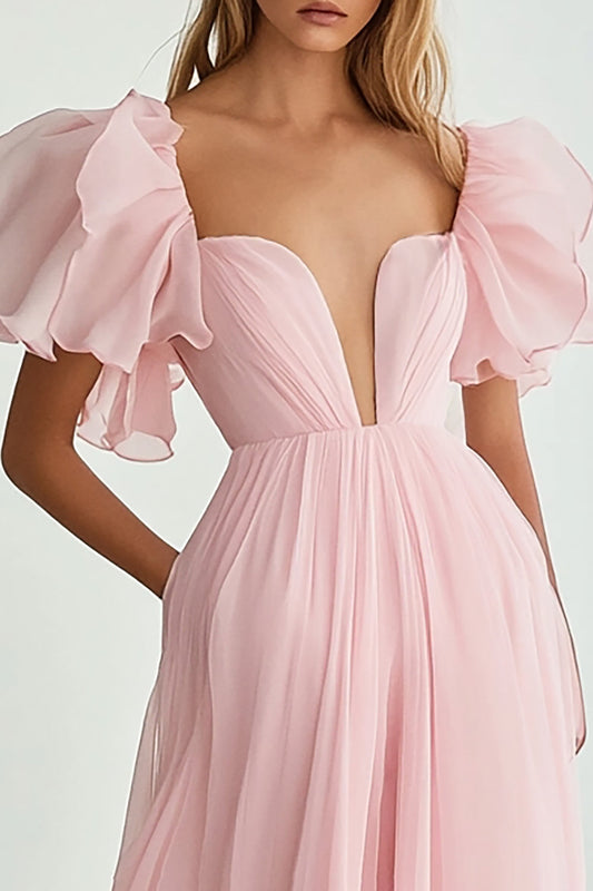 Pink V-Neck A Line Long Formal Dress with Sleeves
