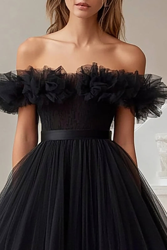 Black A Line Off the Shoulder High-Low Formal Dress