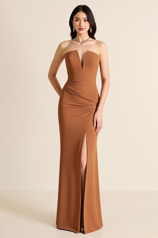 Brown Sheath Strapless Long Formal Dress with Slit