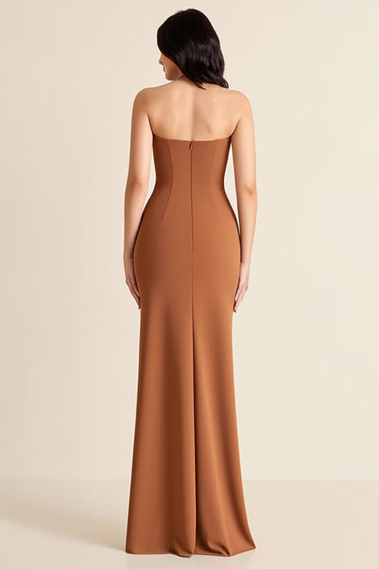 Brown Sheath Strapless Long Formal Dress with Slit