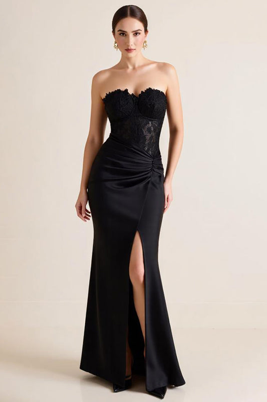 Black Strapless Appliqued Long Sheath Formal Dress with Slit