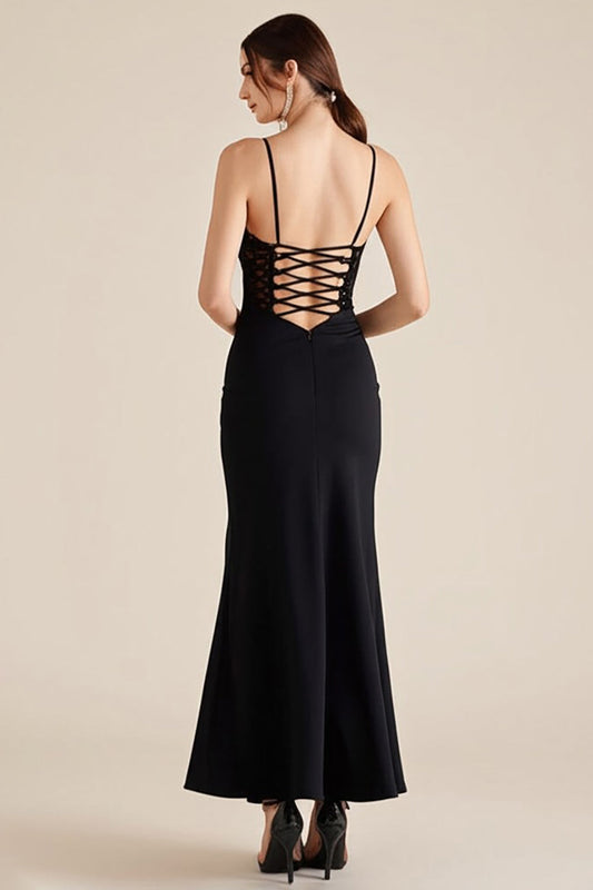 Black Spaghetti Straps Ruched Long Sheath Formal Dress with Slit