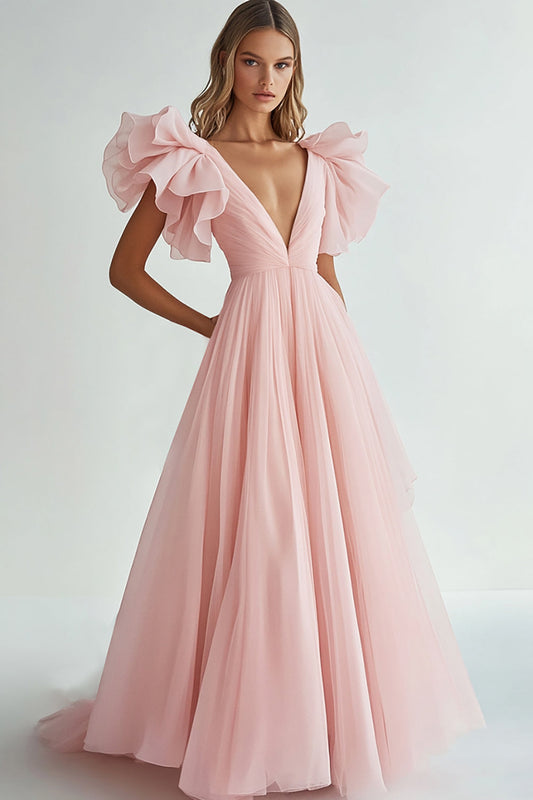 Pink A Line V Neck Chiffon Long Formal Dress with Ruffles