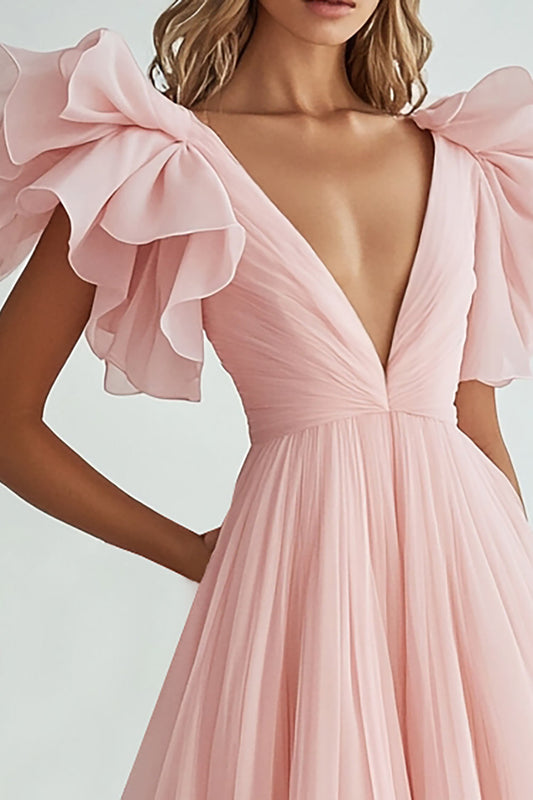 Pink A Line V Neck Chiffon Long Formal Dress with Ruffles