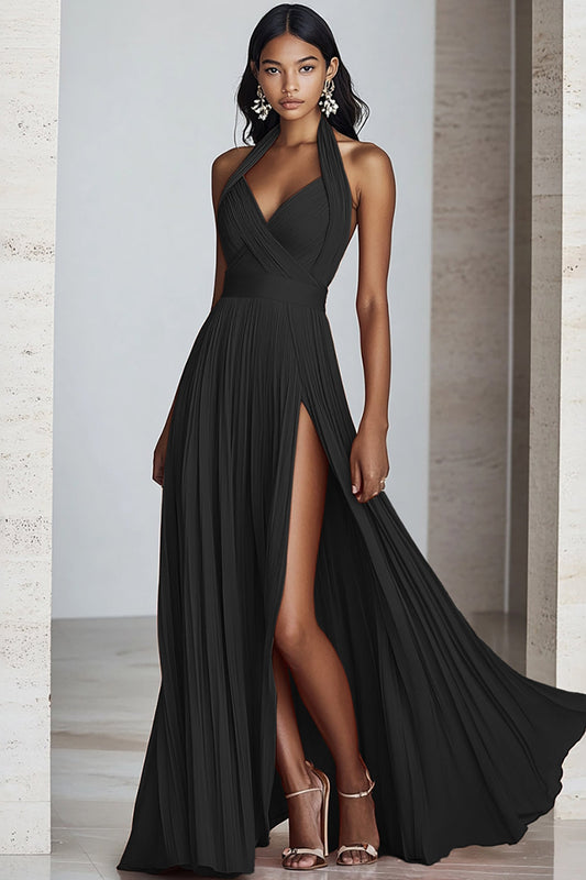 Black A Line Halter Neck Pleated Long Formal Dress with Slit