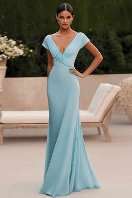 Simple Sky Blue Chiffon Long V Neck Sheath Formal Dress