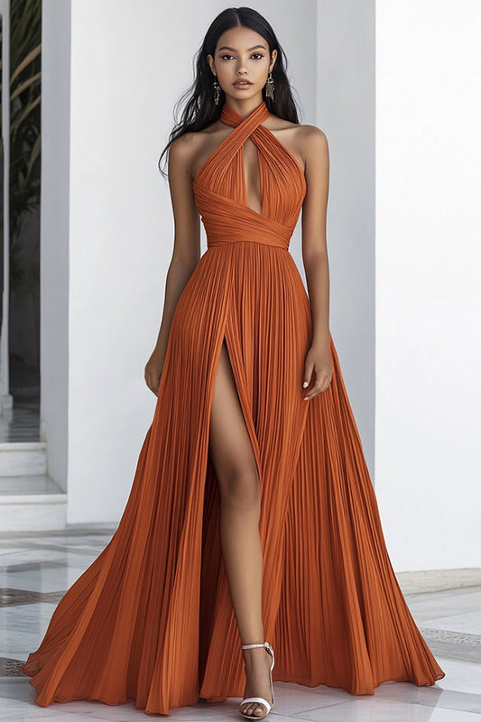 Orange A Line Chiffon Halter Neck Long Formal Dress with Slit