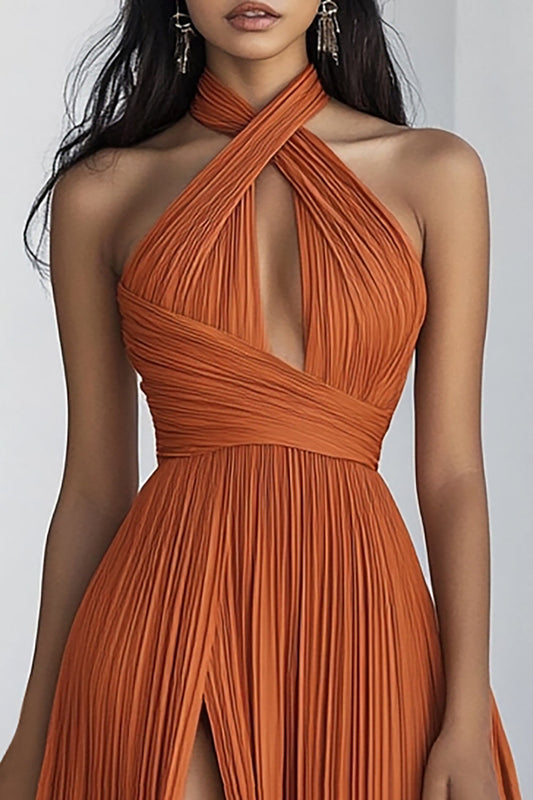 Orange A Line Chiffon Halter Neck Long Formal Dress with Slit