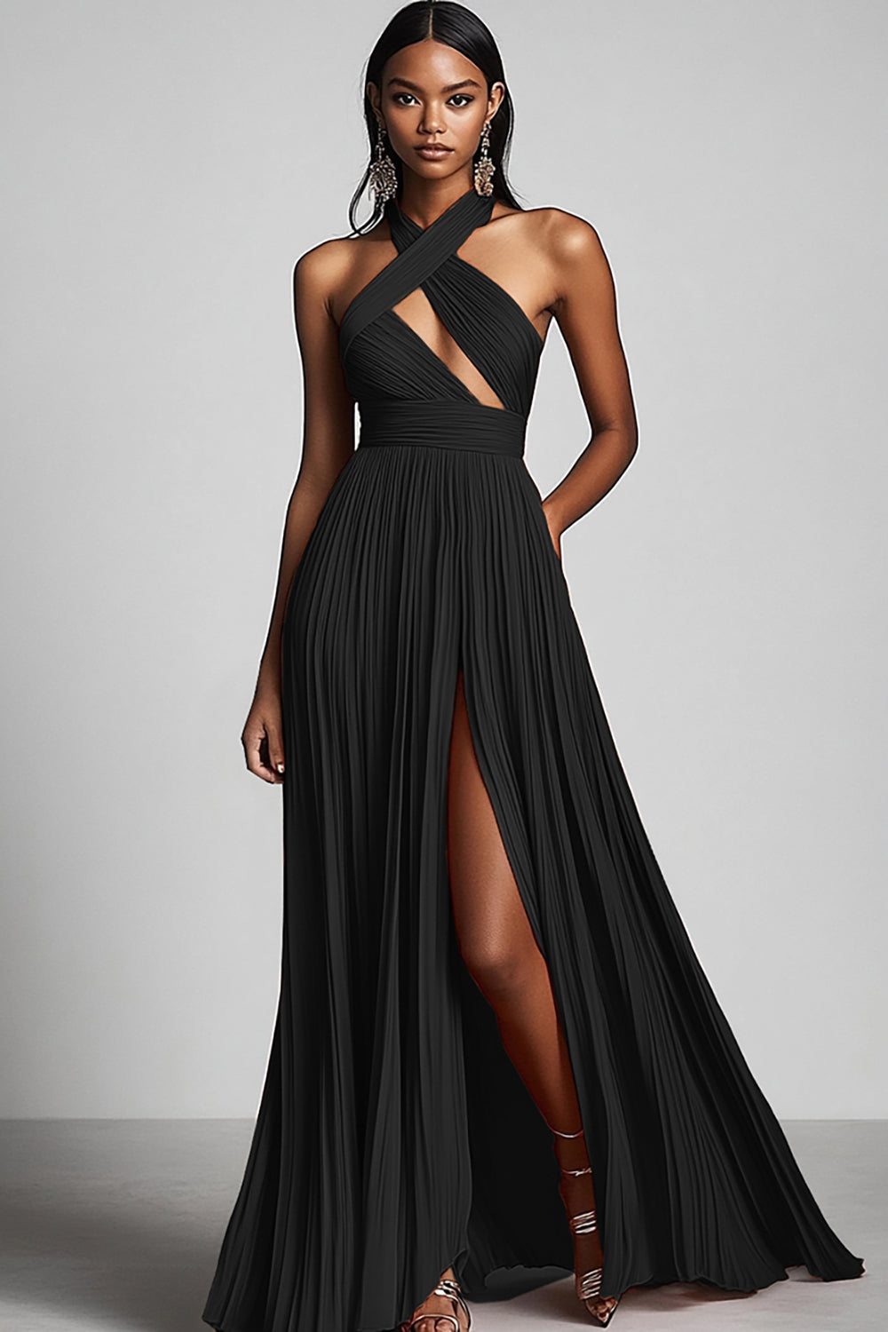 Zapakasa Women Black Long A Line Long Formal Dress Halter Neck Pleated