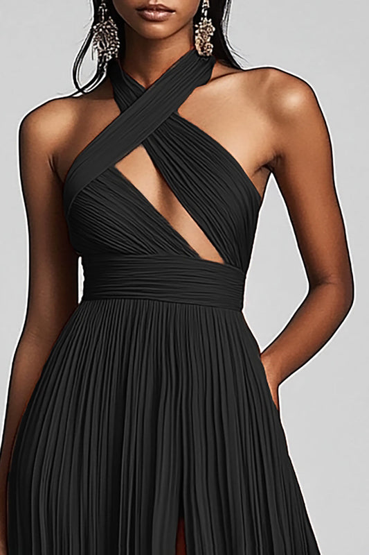 Black A Line Pleated Halter Neck Long Formal Dress with Slit
