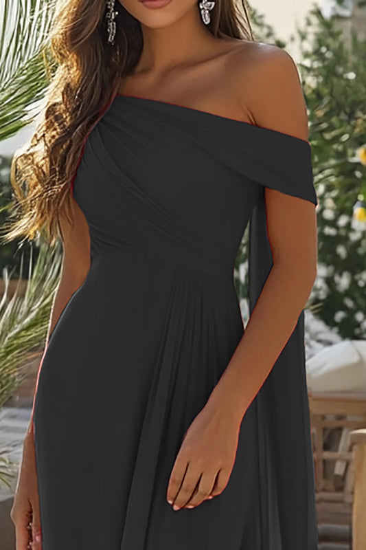Black Chiffon Sheath Long Off the Shoulder Formal Dress
