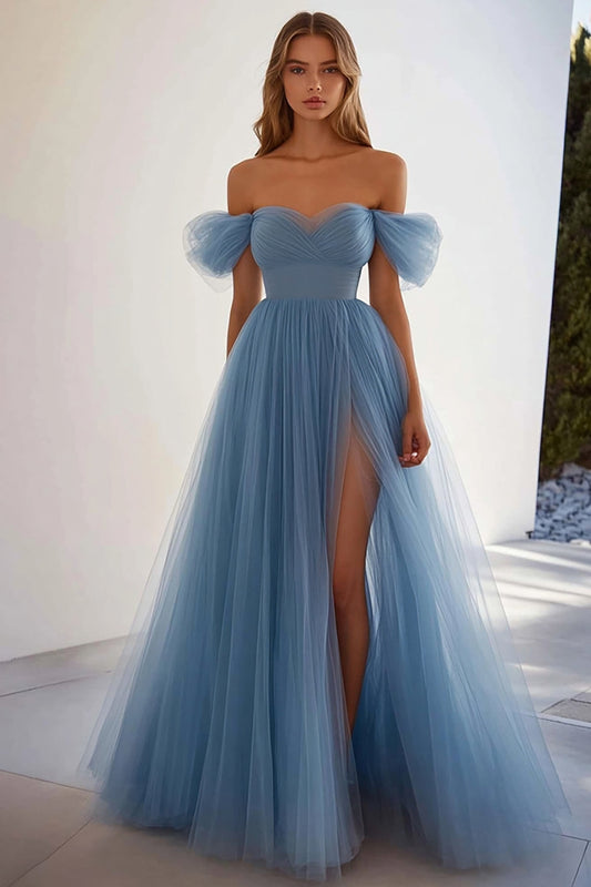 Grey Blue Sweetheart A Line Long Formal Dress with Slit