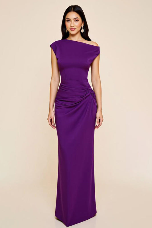 Plum Sheath Ruched Satin Asymmetrical Long Formal Dress