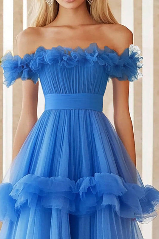 Blue Tulle Long A Line Prom Dress with Ruffles