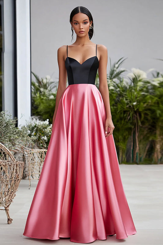 Black and Pink Satin Ball Gown Spaghetti Straps Long Prom Dress