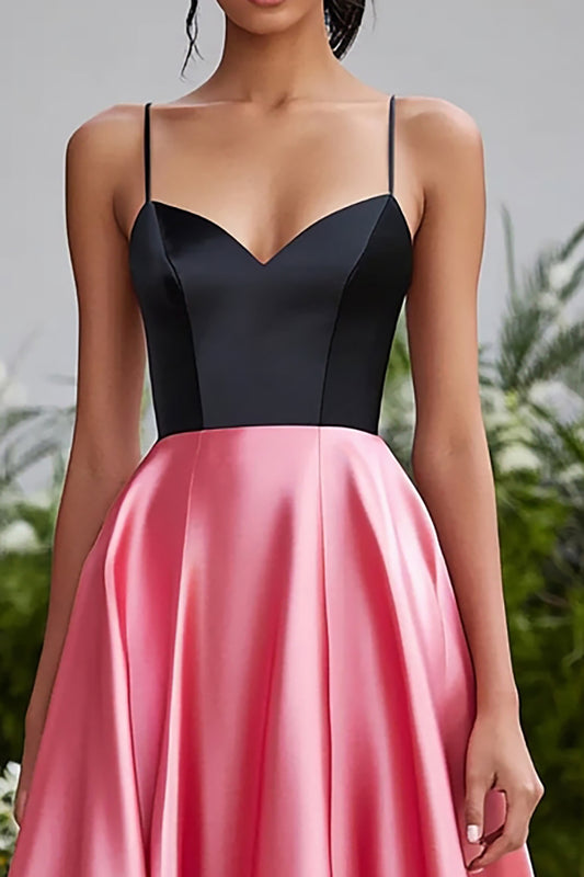 Black Pink Spaghetti Straps A Line Long Satin Prom Dress