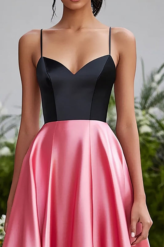 Black and Pink Satin Ball Gown Spaghetti Straps Long Prom Dress