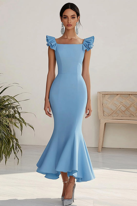 Sky Blue Square Neck Mermaid Long Satin Formal Dress with Ruffles