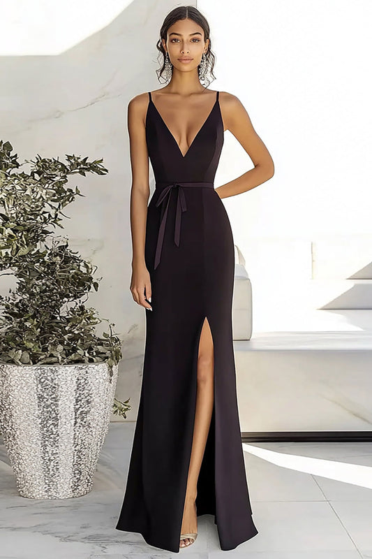 Black Satin Deep V Neck Long Sheath Prom Dress with Slit