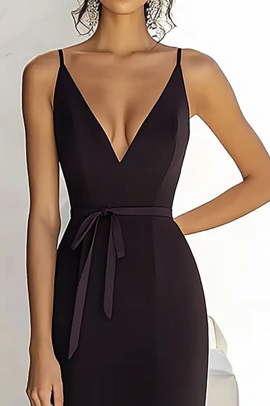 Black Satin Deep V Neck Long Sheath Prom Dress with Slit