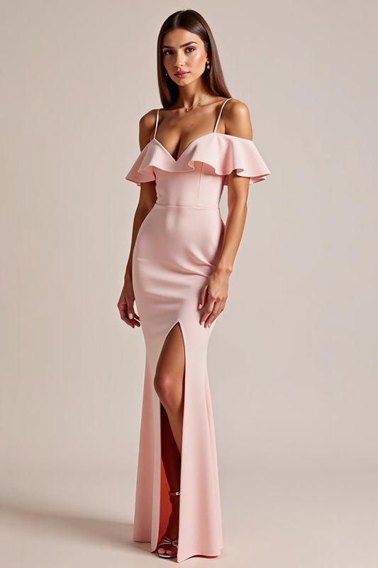 Pink Cold Shoulder Ruffled Long Formal Dress with Slit
