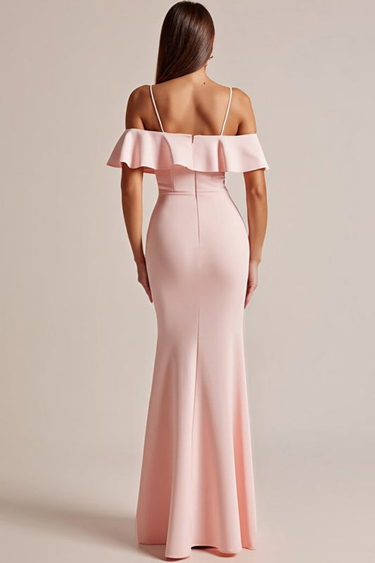 Pink Satin Spaghetti Straps Long Sheath Prom Dress with Slit