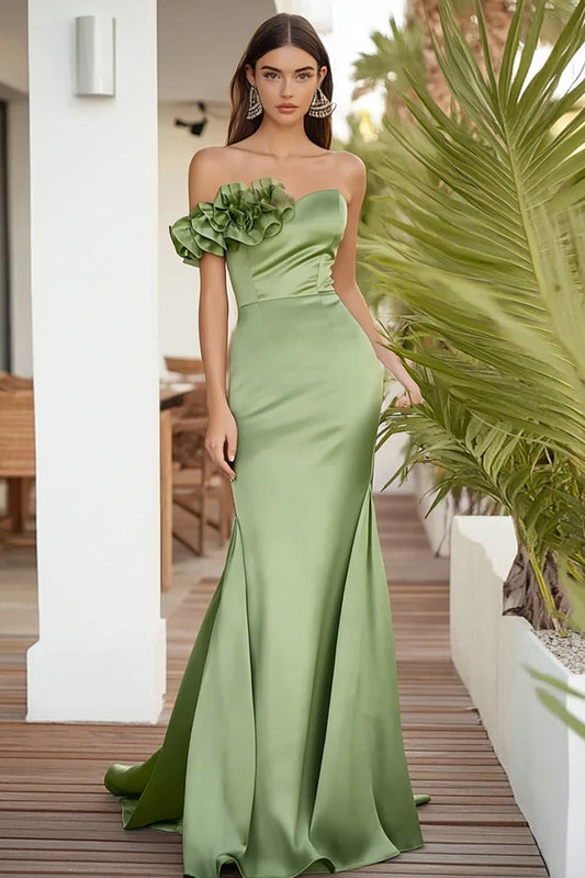 Sage Green One Shoulder Satin Long Mermaid Formal Dress