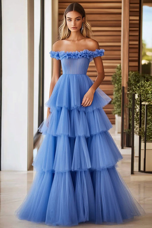 Blue Tulle Off The Shoulder Long A Line Prom Dress with Ruffles