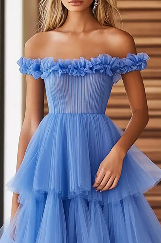 Blue Tulle Off The Shoulder Long A Line Prom Dress with Ruffles