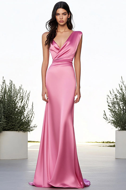 Pink Satin Deep V Neck Long Sheath Prom Dress
