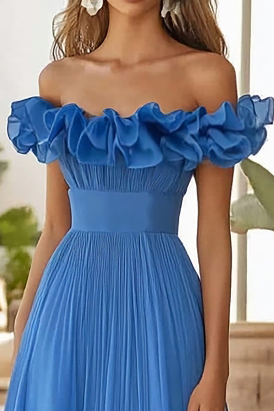 Blue Organza Long A Line Off the Shoulder Prom Dress with Slit