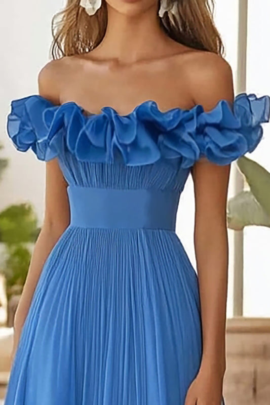 Blue Off the Shoulder A Line Long Formal Dress with Slit