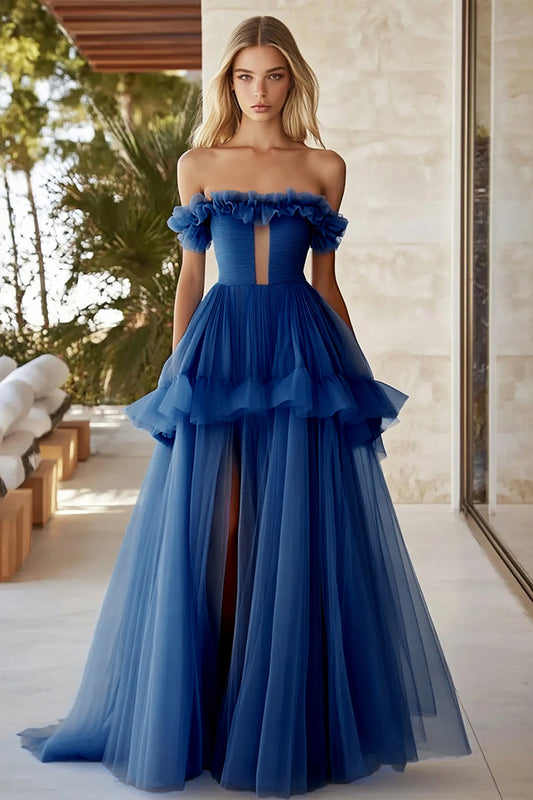 Dark Blue A Line Keyhole Long Tulle Formal Dress with Slit
