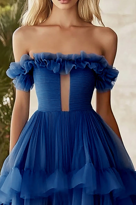 Dark Blue Organza Long A Line Prom Dress with Ruffles