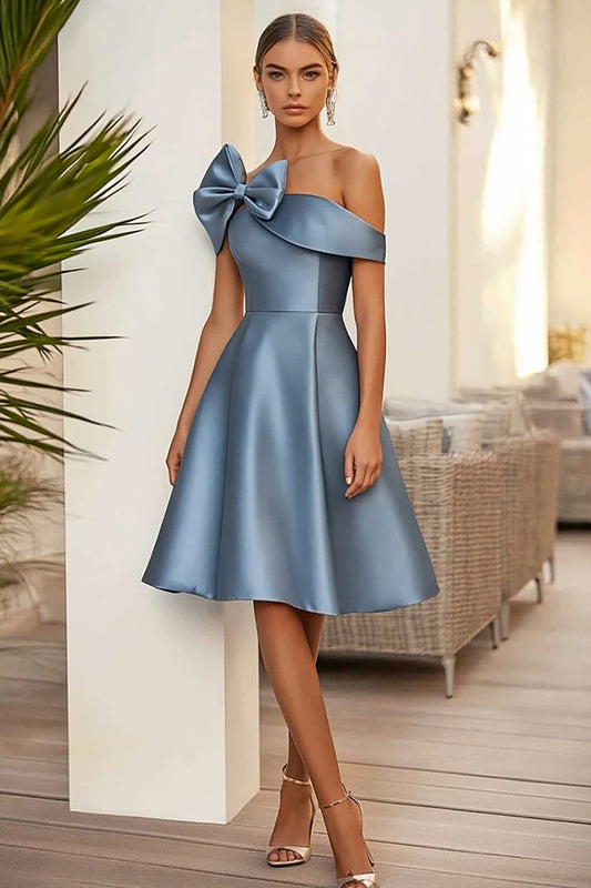 Dusty Blue A Line Stain Midi Prom Dress with Bow