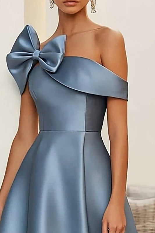Dusty Blue A Line Stain Midi Prom Dress with Bow