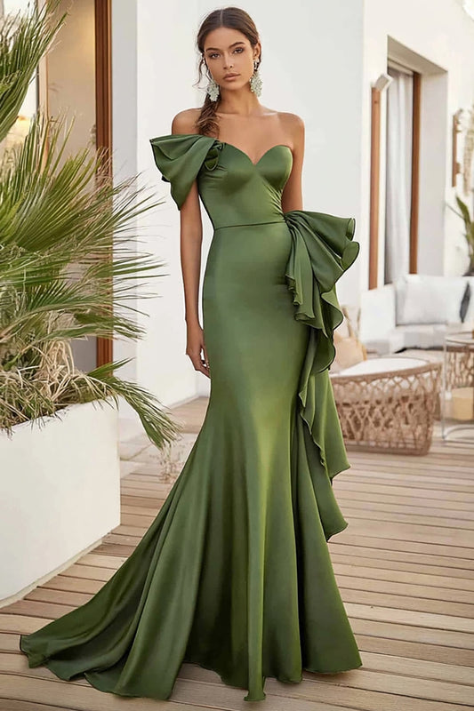 Olive Mermaid Satin Long Sweetheart Formal Dress with Ruffles