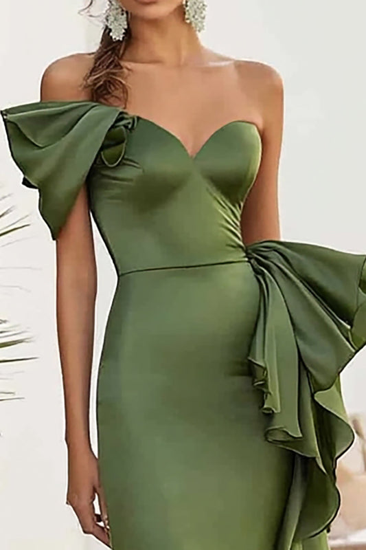 Olive Satin One Shoulder Mermaid Long Prom Dress with Ruffles