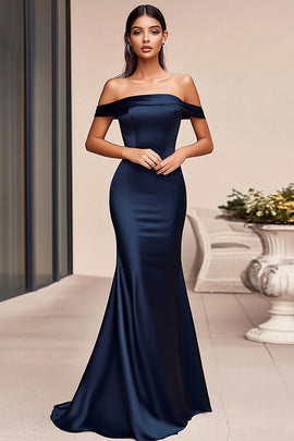 Navy Mermaid Off the Shoulder Long Satin Formal Dress