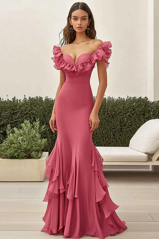 Coral Satin Mermaid Long Prom Dress with Ruffles