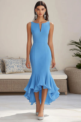 Blue Mermaid Chiffon Sleeveless High-Low Formal Dress