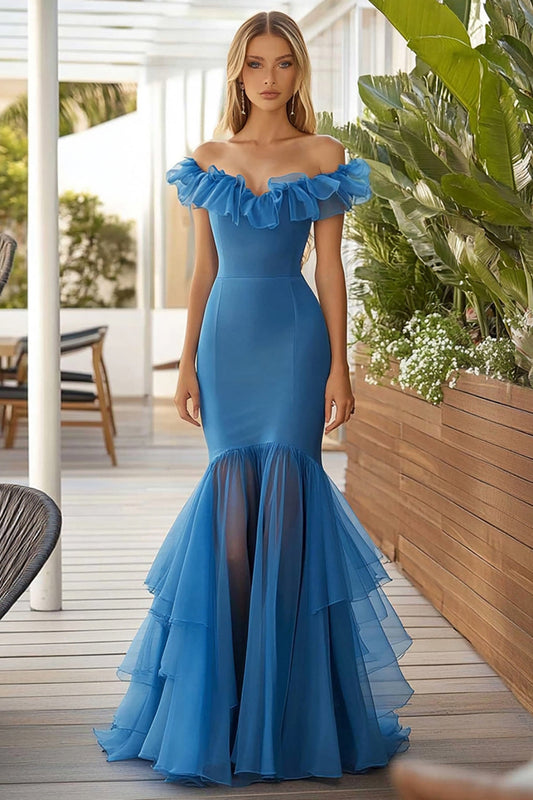 Blue Mermaid Organza Long Prom Dress with Ruffles