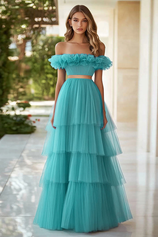 Lake Blue Organza Off the Shoulder Long Ball Gown Prom Dress with Ruffles