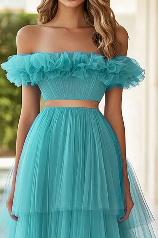 Lake Blue Organza Off the Shoulder Long Ball Gown Prom Dress with Ruffles