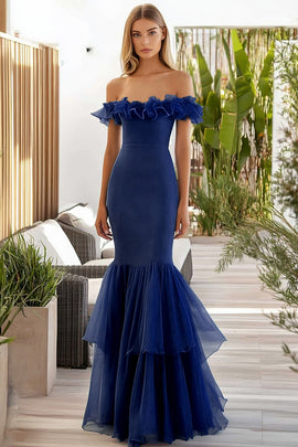 Navy Mermaid Off the Shoulder Ruffles Long Formal Dress