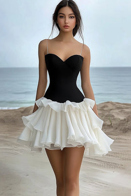 Black and White Sweetheart Short Graduation Dress with Ruffles
