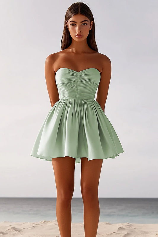 Sage Green Satin Strapless Ruched A-Line Short Graduation Dress